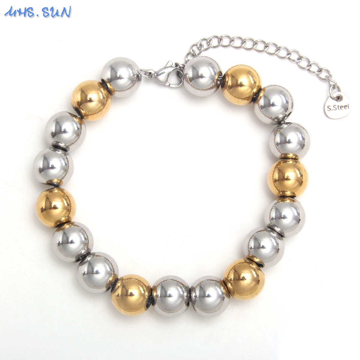 MHS.SUN-pulsera de cuentas lisas impermeable, brazalete ajustable de bolas redondas de acero inoxidable, Color dorado y plateado, joyería de Unisex: Zinc negro plateado