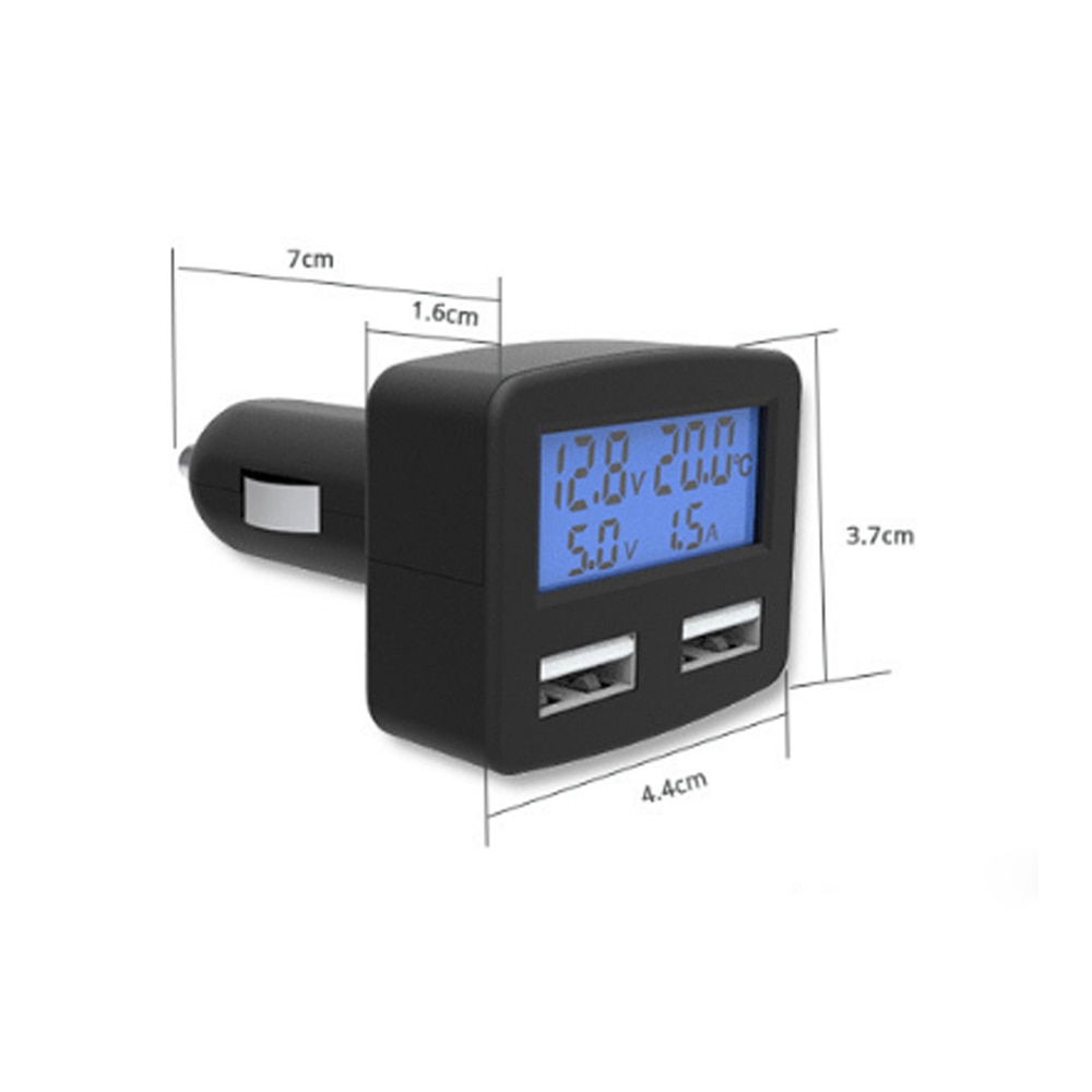12v bil led digital voltmeter dobbel usb sigarettenner lader adapter 5 in 1 auto bil lcd panel termometer temperaturmåler