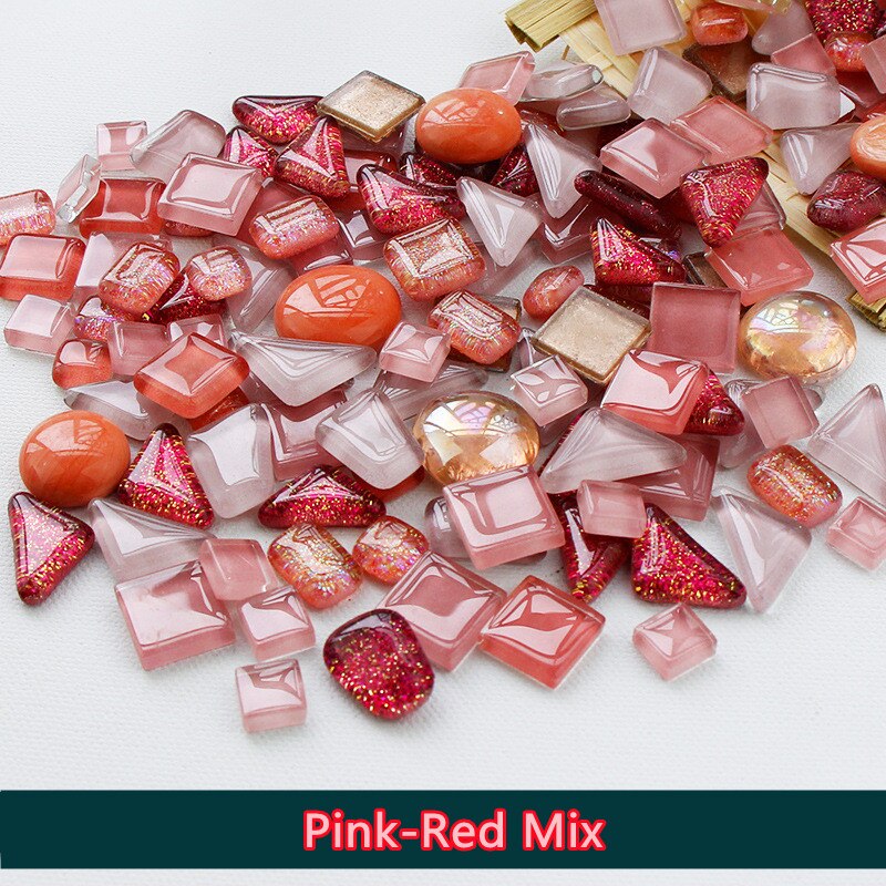 Perles de mosaïque en verre multicolores de 300g/10.58oz, rondes/triangles/carrées, pierres de mosaïque brillantes pour bricolage: Pink-Red Mix