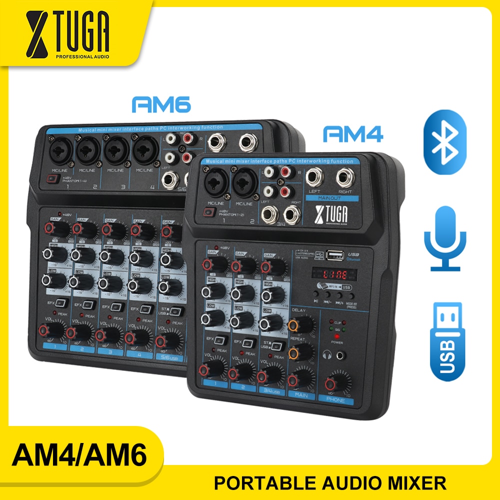 XTUGA AM4/AM6 Protable Audio Mixer with Sound Card,Bluetooth,USB, 48V Phantom Power for PC/Recording/ Live Show/ Party