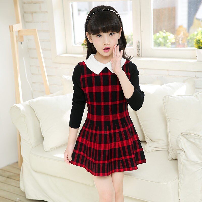 Preppy Style Kids Red Plaid School Dress Knitwear Girls Long Sleeve Cotton Knitted Dress Sweater Princess Slim Knitwear 13 To 4T: Red / 11