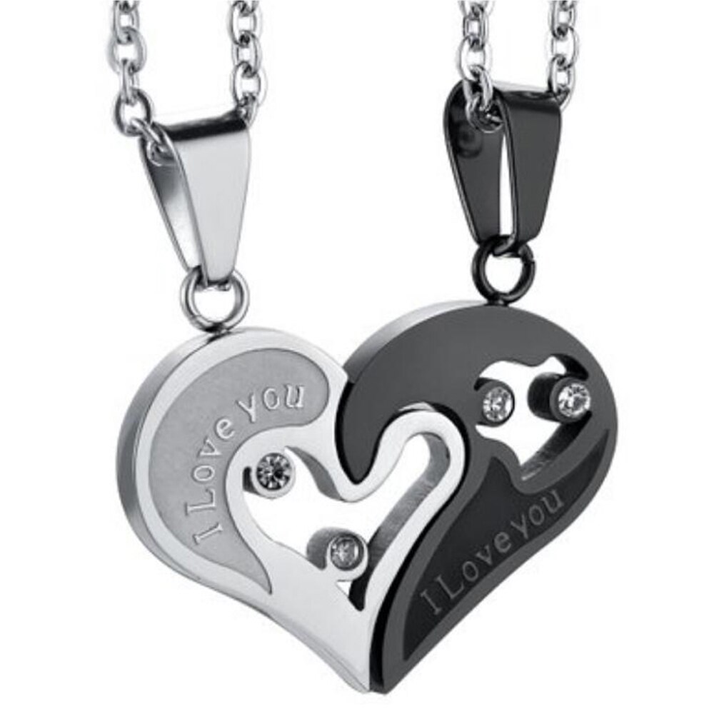 Twee Kleuren Rvs Heren Dames Paar Ketting Hanger Liefde Hart Cz Puzzel Matching