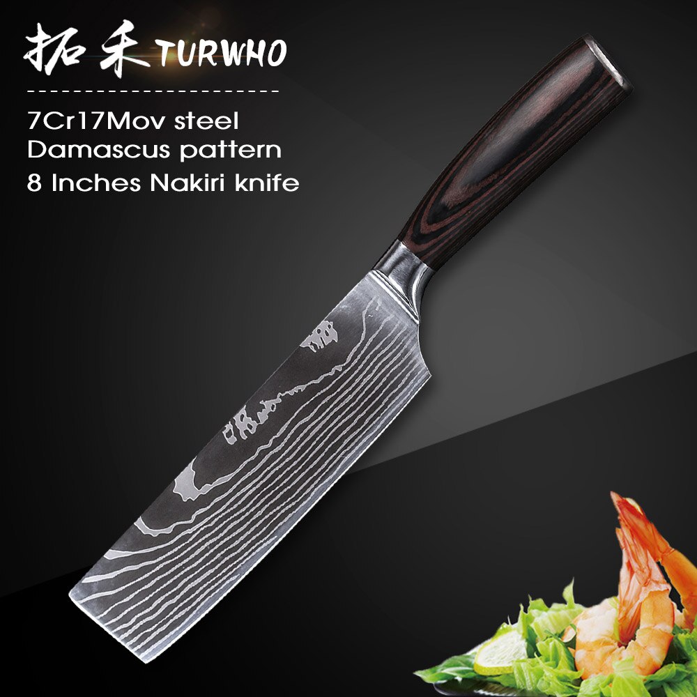 TURWHO 8 inch kitchen knives Imitation Damascus pattern chef knife Sharp Cleaver Nakiri Knives Utility Knives tools: 8 inch Nakiri Knives