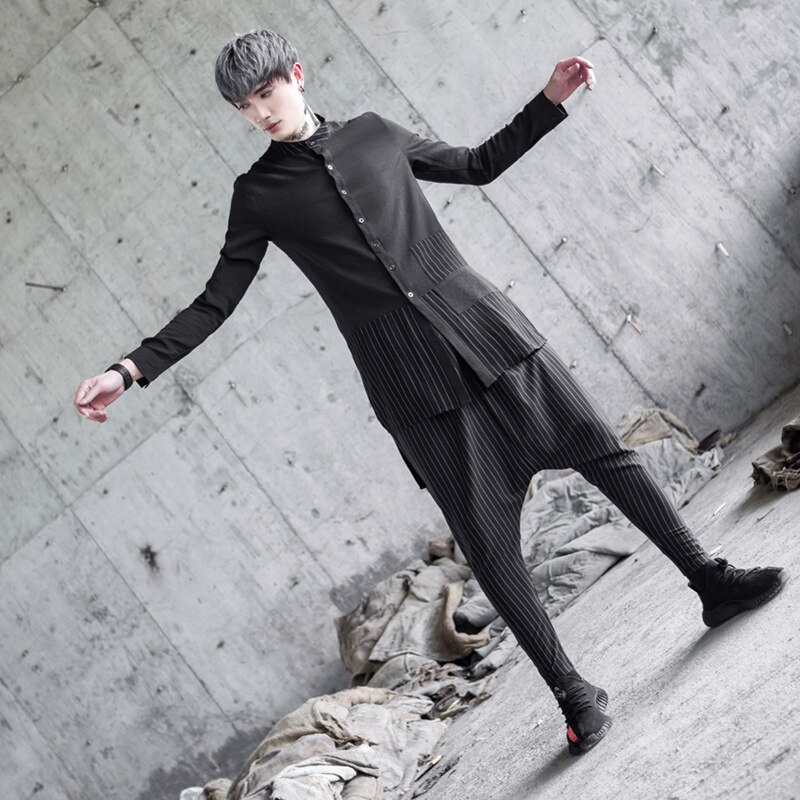 Heren punk stijl los overhemd met staande kraag, gesplitste strepen en lange mouwen, casual overhemd