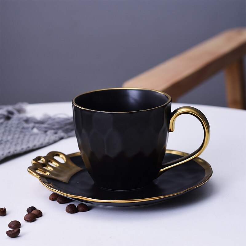 Nordic keramik kaffekop enkel guld side kaffekop sæt med fad hjem cafe kontor kop sjov: B