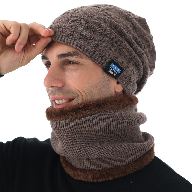 Xthree hommes bonnets hiver Skullies tricoté chapeau écharpe avec doublure laine mâle Gorras Bonnet hiver chapeaux pour hommes bonnets chapeaux: hat scarf set kakhi