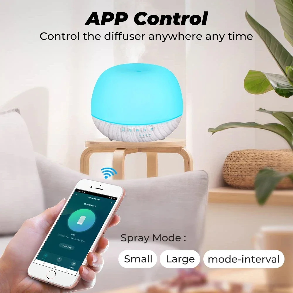 Humidificateur d'air intelligent de diffuseur d'huile essentielle d'aromathérapie de WiFi 500ml, connecte à Tuya, Alexa et Google Home avec 7 couleurs de LED