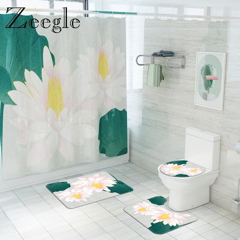 Floral Bathroom Carpet Shower Room Toilet Floor Mat Toilet Seat Cover Mat Bathroom Non-Slip Carpet Mat Set with Shower Curtain