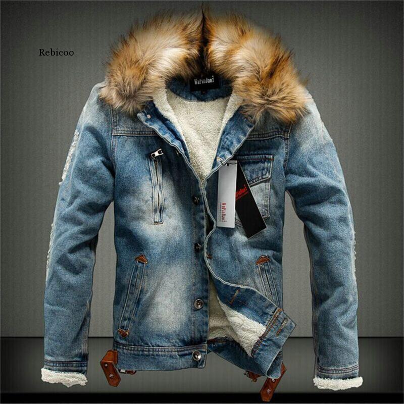 Fur Collar Men Denim Jacket Winter Thick Denim Jacket Retro Jacket Plus Size