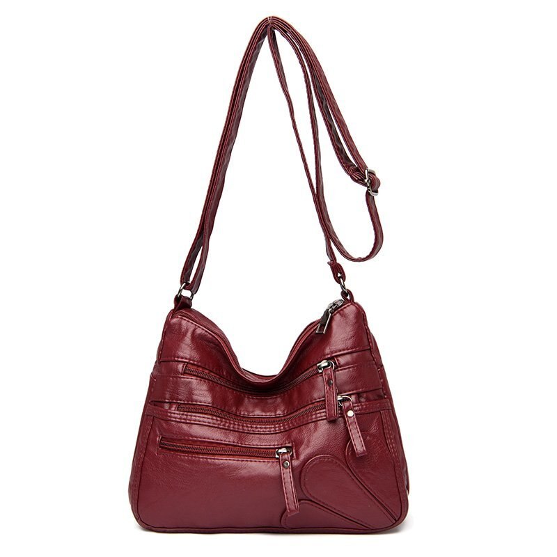 cuir souple sac à main double fermeture éclair sac à bandoulière simple sac de messager tendance multi-poche sac femmes sac marron: wine red