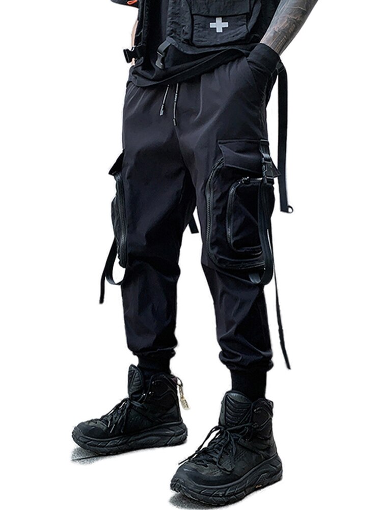 Zipper Big Pockets Ribbons Hip Hop Men's Harem Ripped Sweatpants Joggers Trousers Male Punk Full Length Pencil Pants: XXL