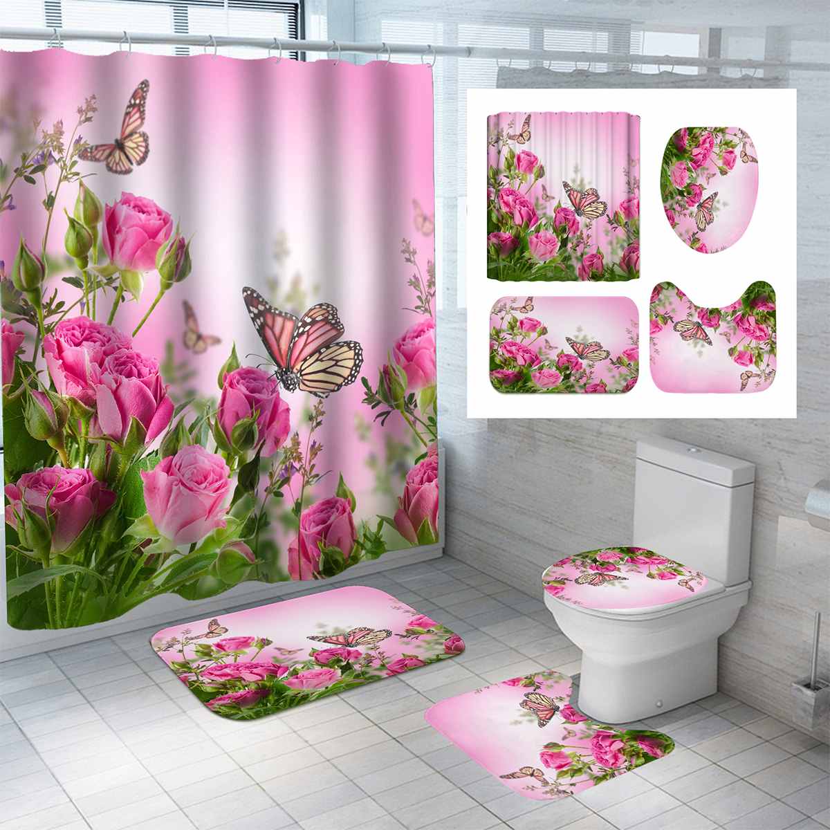 Fjäril badrum duschdraperi set blomma rosa ros badrumsgardin toalettsits överdrag mattor halkfri badmatta heminredning