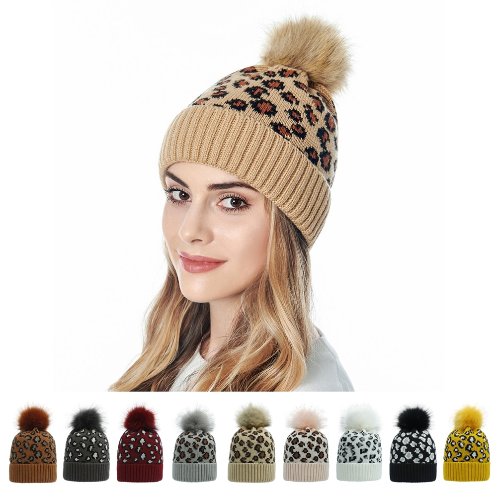 Gebreide luipaard mutsen dames pompon pompom wintermuts met pompon muts pompons voor muts imitatiebont casual warme gebreide muts muts