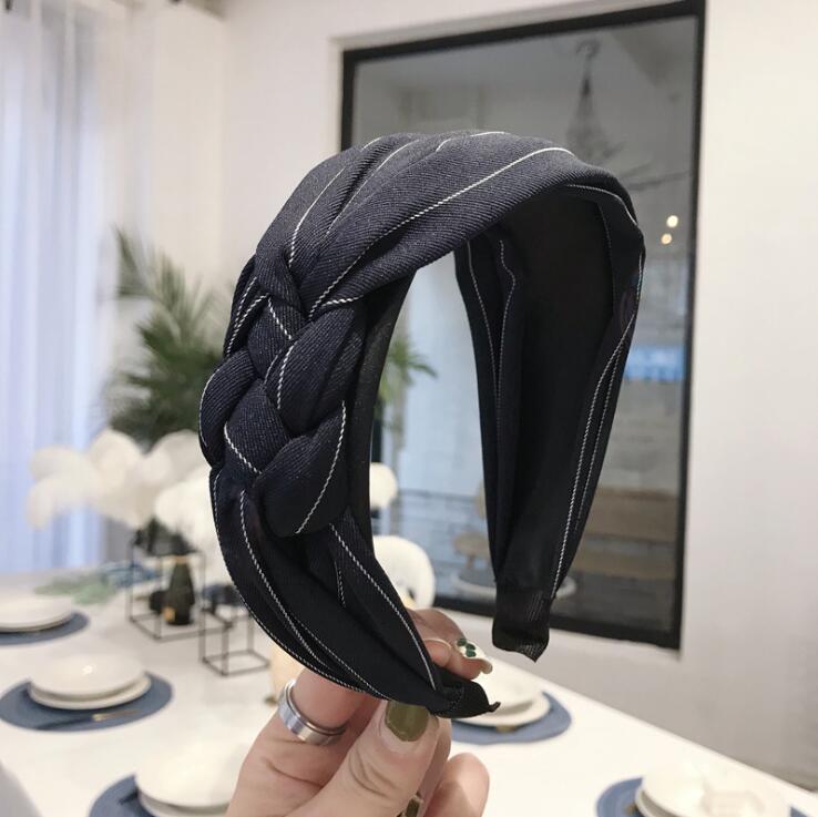 Fläta hårband kvinnor bred sida flerlagers kors knut pannband vuxen randigt klassiska huvudbonader turban håraccessoarer: Marinblått hårband