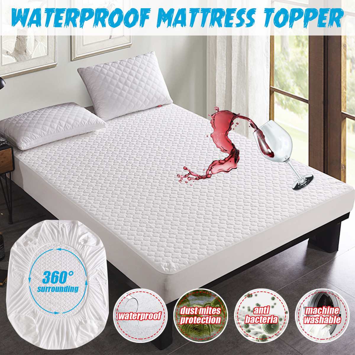 Jacquard Gewatteerde Waterdichte Matrasbeschermer Effen Kleur Reliëf Topper Pad Zachte Hoeslaken Cover Met Elastische Band