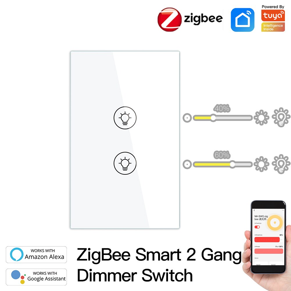 Smart ZigBee Multi-gang Light Dimmer Switch Independent Control Smart Tuya APP Control Works with Alexa Google Home 1/2/3 Gang: US 2 Gang White
