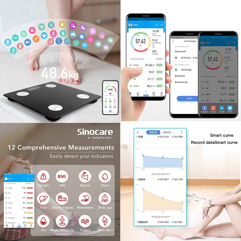 Báscula electrónica inteligente, balanza Digital de para peso corporal, Bluetooth, grasa corporal, prueba de contenido de agua, pantalla LCD de vidrio