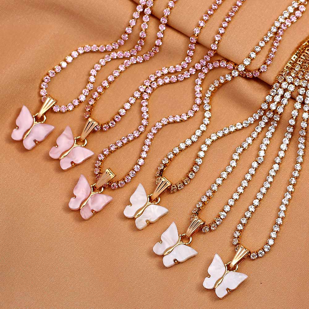 Trendy 2mm AAA Zircon Tennis Chain Necklace For Women Blue Pink Butterfly Pendant Necklace Hip hop Rock Jewelry