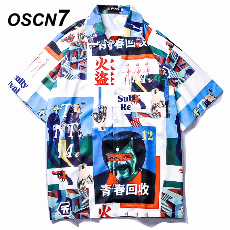 Oscn 7 skjorter med print til mænd street kortærmet sommer strand herre skjorte løs afslappet korea chemise homme 661