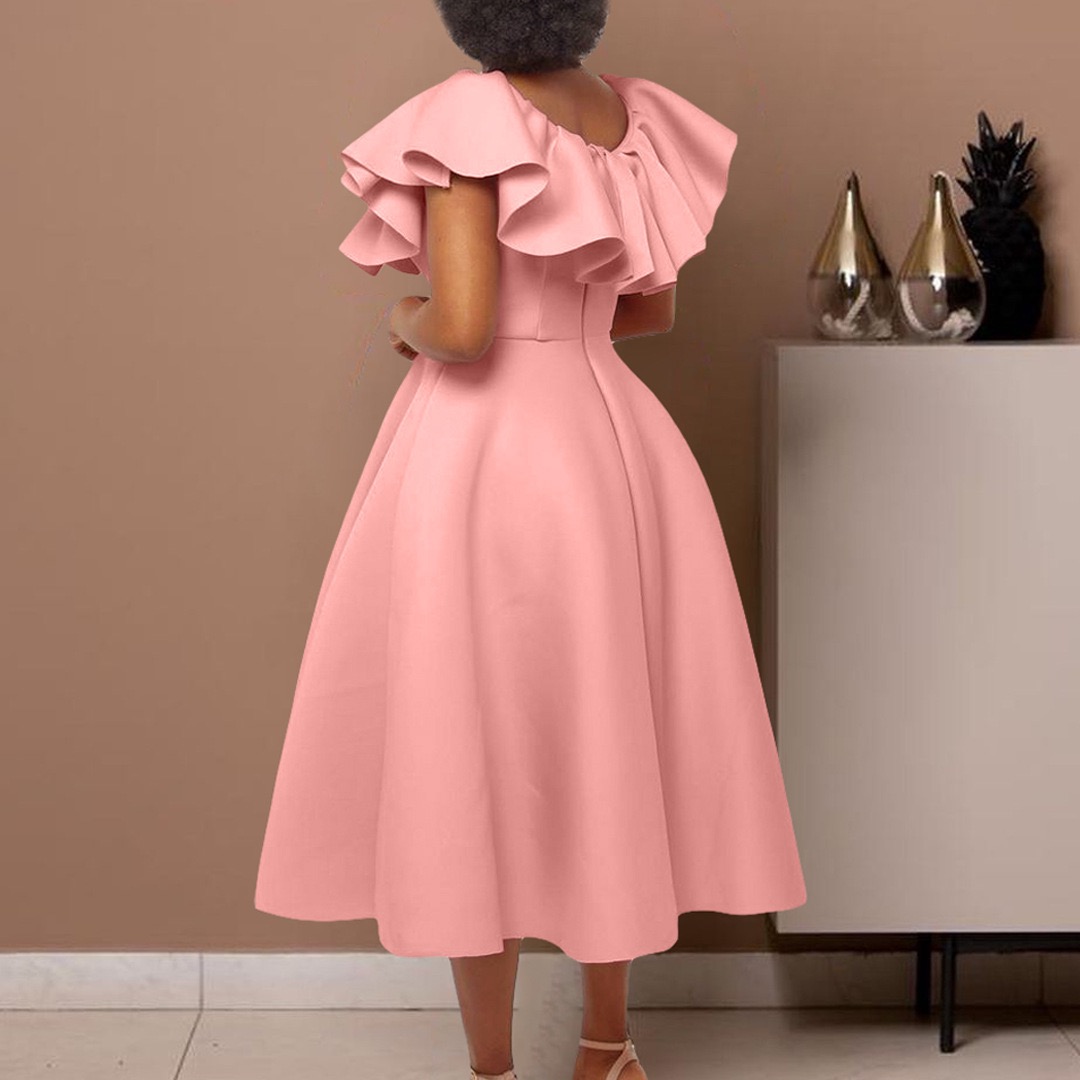 Robes de soirée élégantes pour femmes, col rond, manches à volants, taille haute, ligne A plissée, mi-mollet, robe de luxe pour dîner d'anniversaire