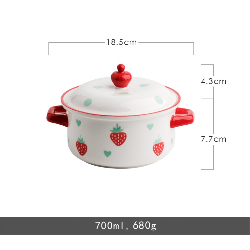 Strawberry Pattern Ceramic Bowl with Double Handles and Cover 700ml Noodle Bowl Soup Bowl Classical Style: red