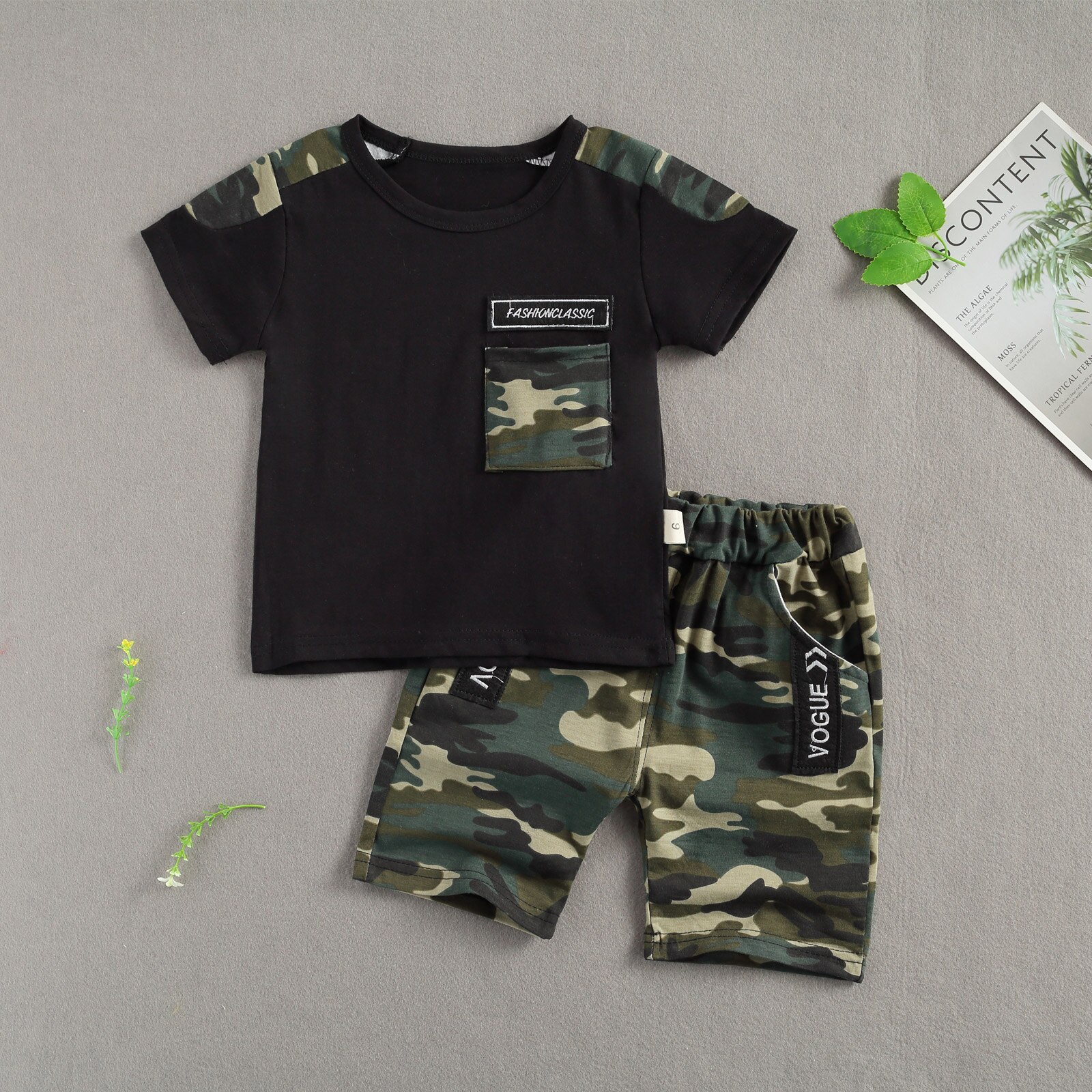 Focosorn – ensemble de vêtements d'été pour bébés garçons de 1 à 4 ans, imprimé Camouflage, manches courtes, poche, Short