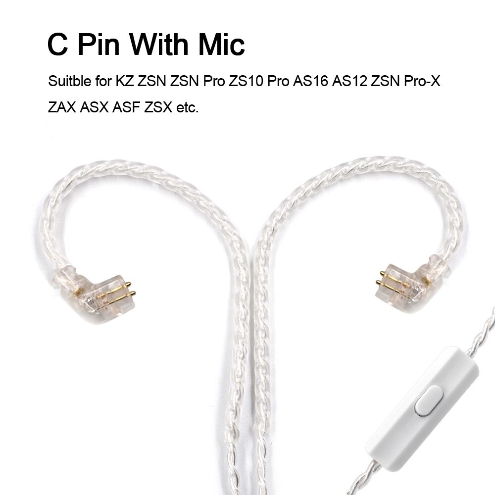 Kz Verzilverd Kabel Upgrade 2 Pin 0.75Mm B C Hoge Zuiverheid Zuurstofvrij Koper Koptelefoon Draad Met Microfoon voor Zst X Zsn ZS10 Zsx Pro: C Pin With Mic
