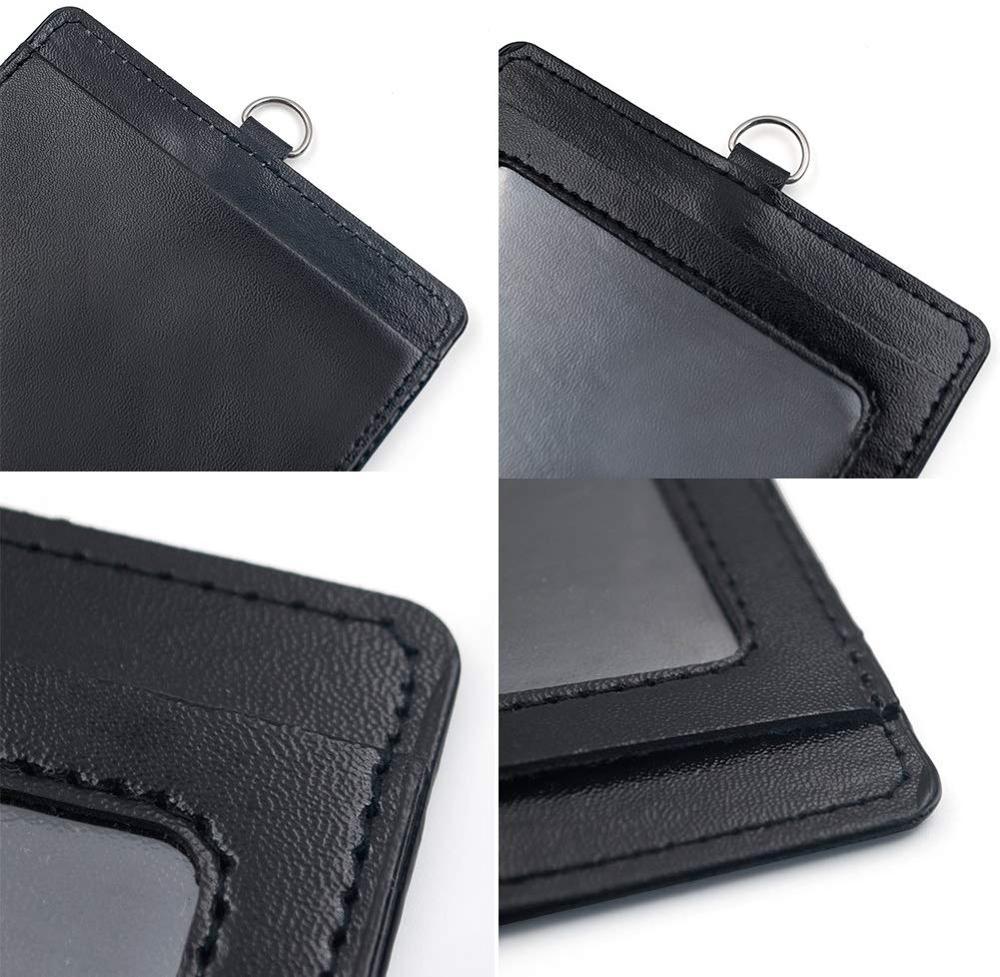 Heavy Duty Badge Holder Leather ID Card Holder With Clear ID Window Wallet Case 2-Sided Horizontal Business Name Card Organizer