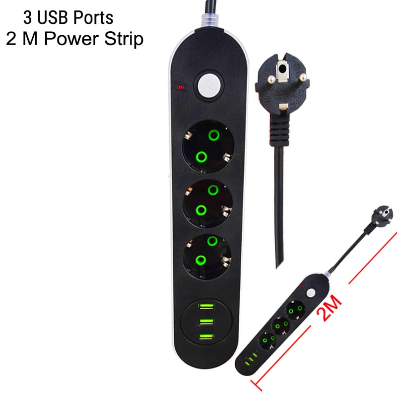Rundpinne eu rus plugg forlenger grenuttak 1.8m universaluttak med usb ladeport kabel 3 stk usb grenuttak