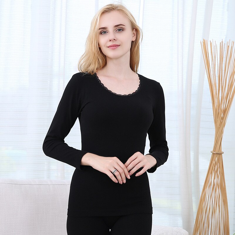 Two Piece Pajamas Set Autumn Winter Women Long Johns Warm Thermal Underwear Eamless Long John Thin Thermal Female Sleepwear: black