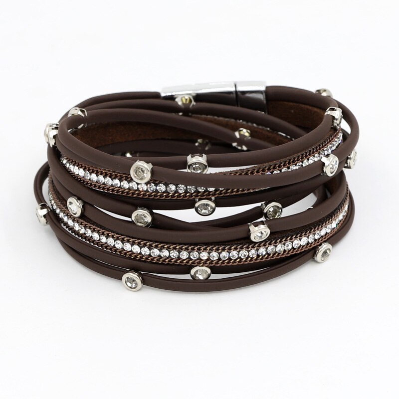 Mode Vrouwen Lederen Armband Multilayer Touw Cirkel Handgemaakte Ingelegd Rhinestone Magneet Sluiting Bangle Armbanden Zomer Sieraden: B9008h Brown