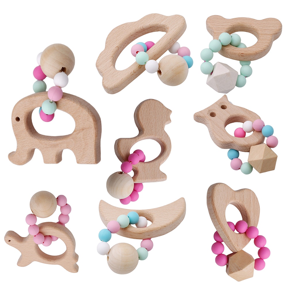 Træformet måneformet armbånd silikone perler rangle baby tænder legetøj