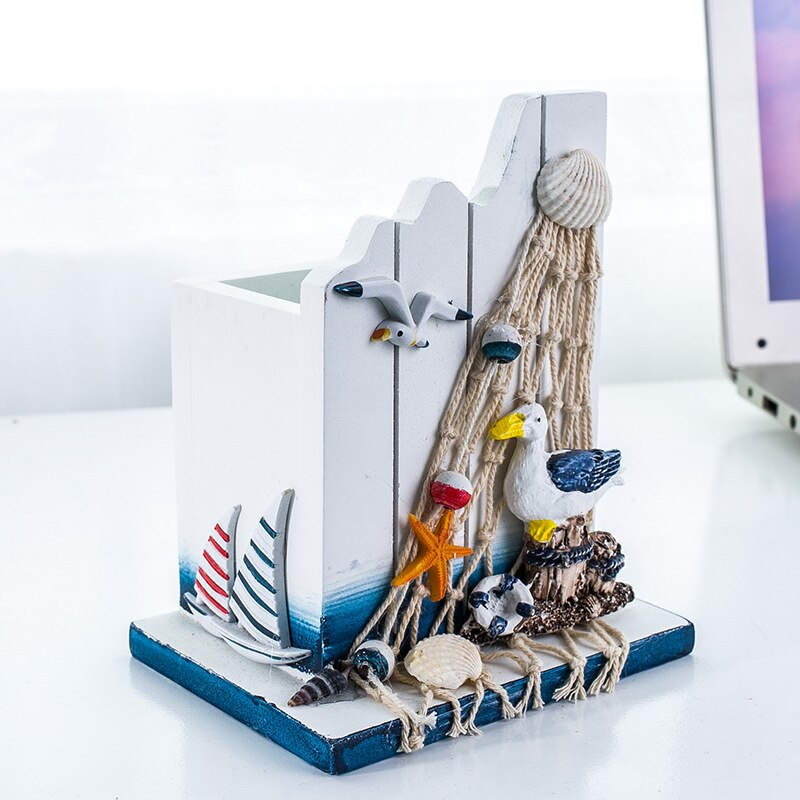 Mediterranean Wooden Storage Box Sea Bird Sailing Pencil Barrel Multifunction Home Office Desktop Decoration Organizer: 2
