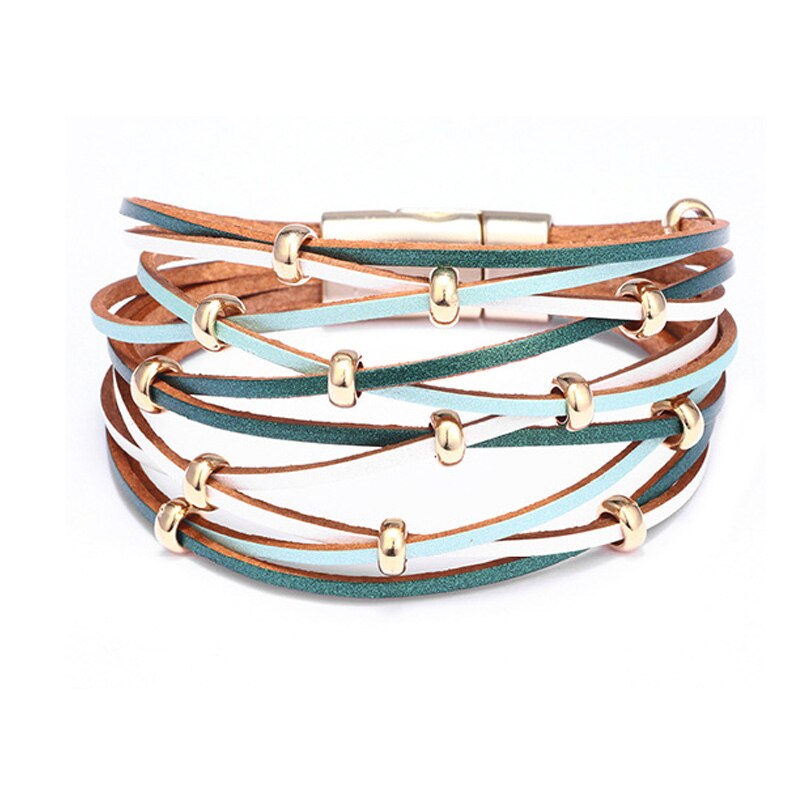 Feminino mão acessórios 10 multi camada vento pulseira de couro ampla envoltório pulseira femme ímã fivela jóias presente 2020: green
