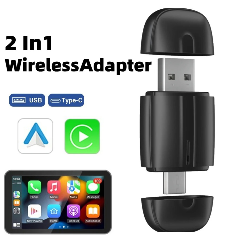 2 in 1 Wireless Carplay Adapter for Android iPhone Mini Box Double Head USB/Type-C Wired to Wireless Android Auto Adapter