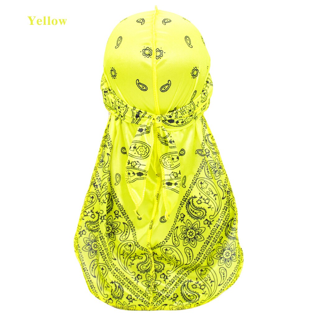 Satin- männer dehnbar Kappe Hüfte hüpfen Du Doo Lappen Durag Perücken Turban Bandana Headwear Feste Farbe lange Hütte Binden schwanz Haar Zubehör: Gelb
