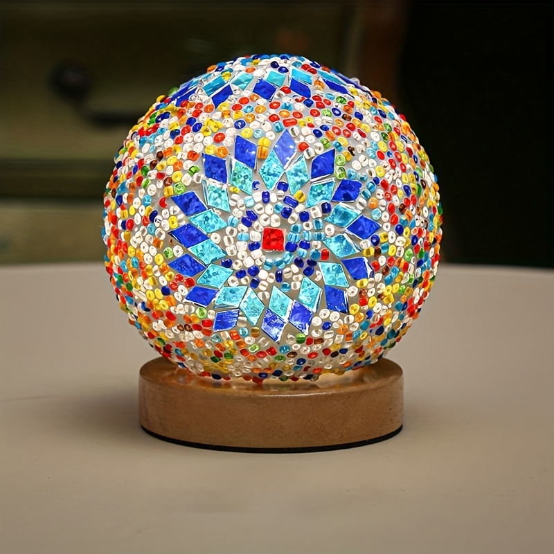 Mozaïek glazen bol tafellamp, bollamp met houten voet, turkse marokkaanse ronde kleine lamp voor slaapkamer, woonkamer en huisdecoratie.
