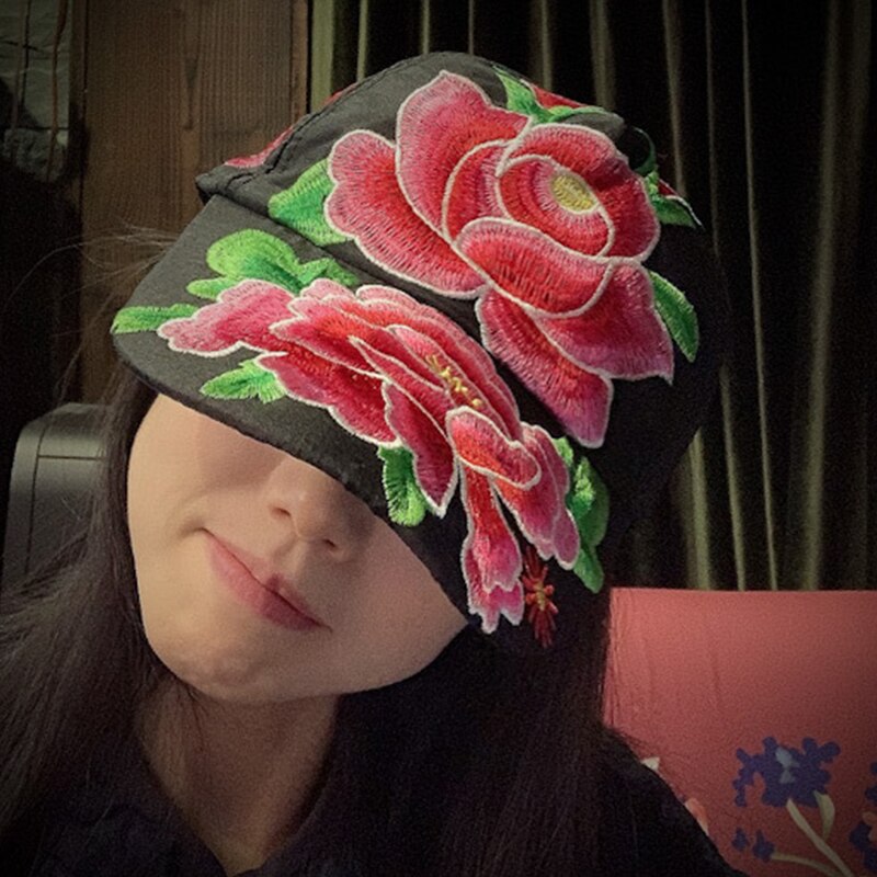 Johnature efterår toppede kasketter broderi afslappet vintage 2 farver kvinder retro hatte: Sort