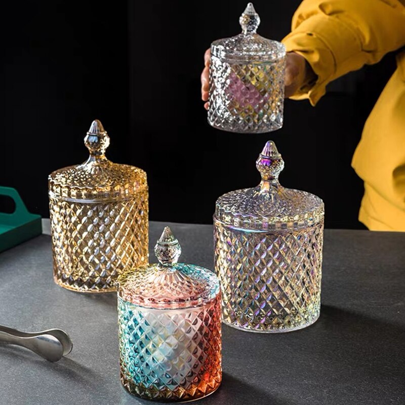 Color Crystal Glass Storage Jar Lids 600ML Candy Jar Glass Transparent Container Cookie Cotton Swab Box Cotton Household Storage