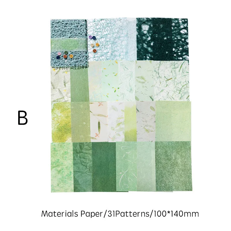 31 unids/pack de materiales de gasa, papel y botones, decoración para álbumes de recortes, papel artesanal, Collage estético, diario basura, papelería: Verde claro