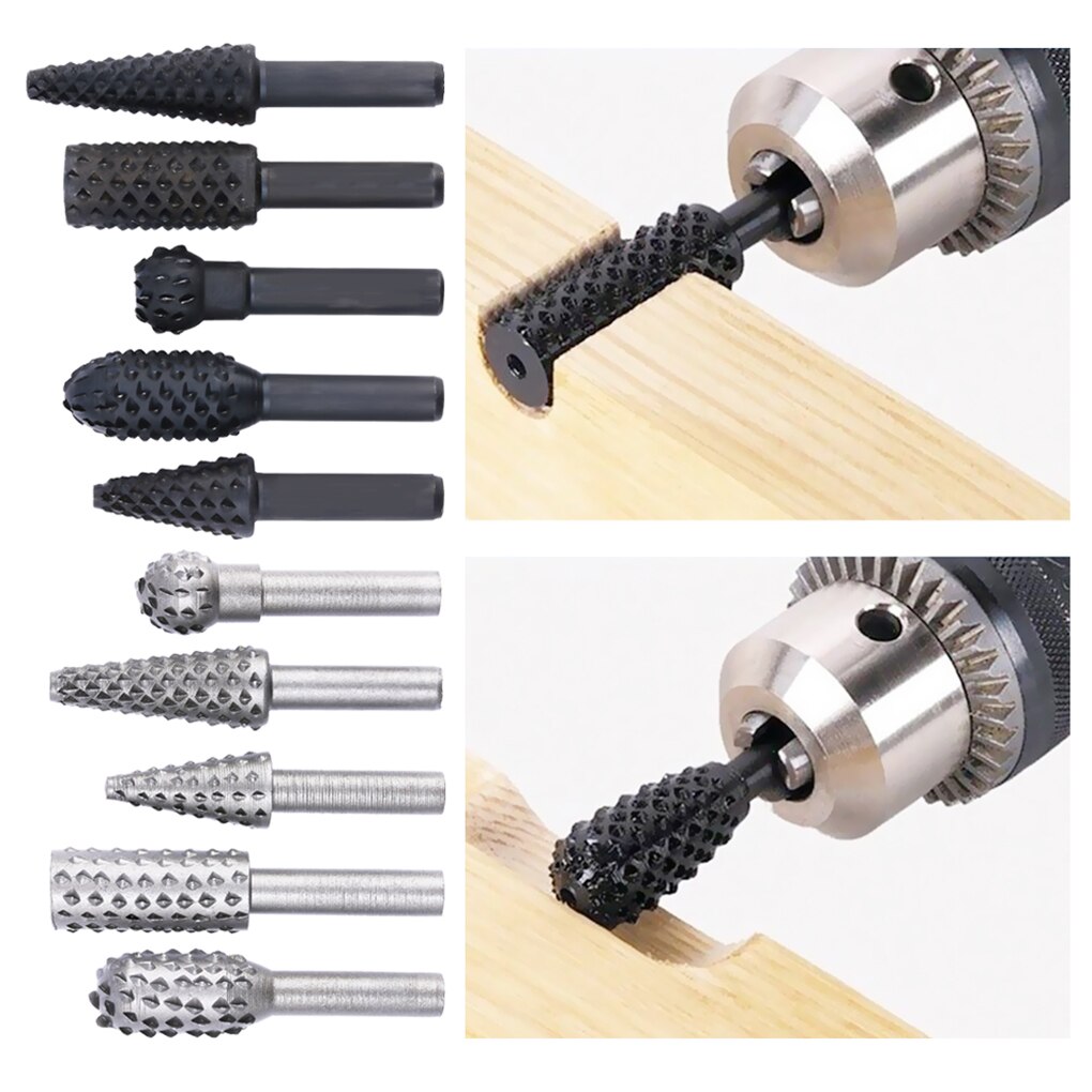 5 Pcs Rotary Craft Files 1/4" Shank Rotary Rasp File Rasp Burrs Wood Bits Grinding Woodworking Hand Tool