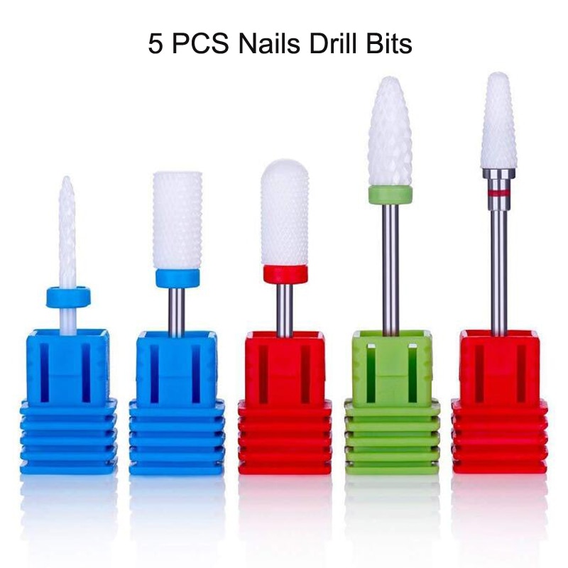 5PCS Drill Bit Nail Ceramic Drill Bit Set Nail Sander Tip Nails Cutter Tips Ceramic Milling Cutter Nails Bits Sets Manicure Tool