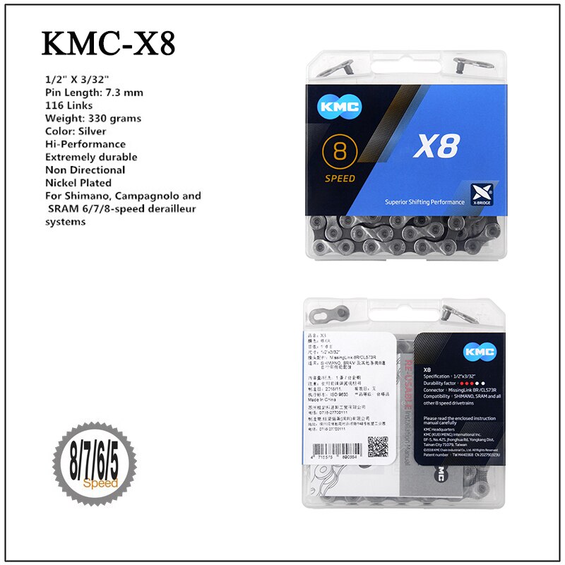 Cadena de bicicleta Original KMC X8 X8pl, 8 velocidades, 116 eslabones, ultraligera, 8V, para MTB, 8 s