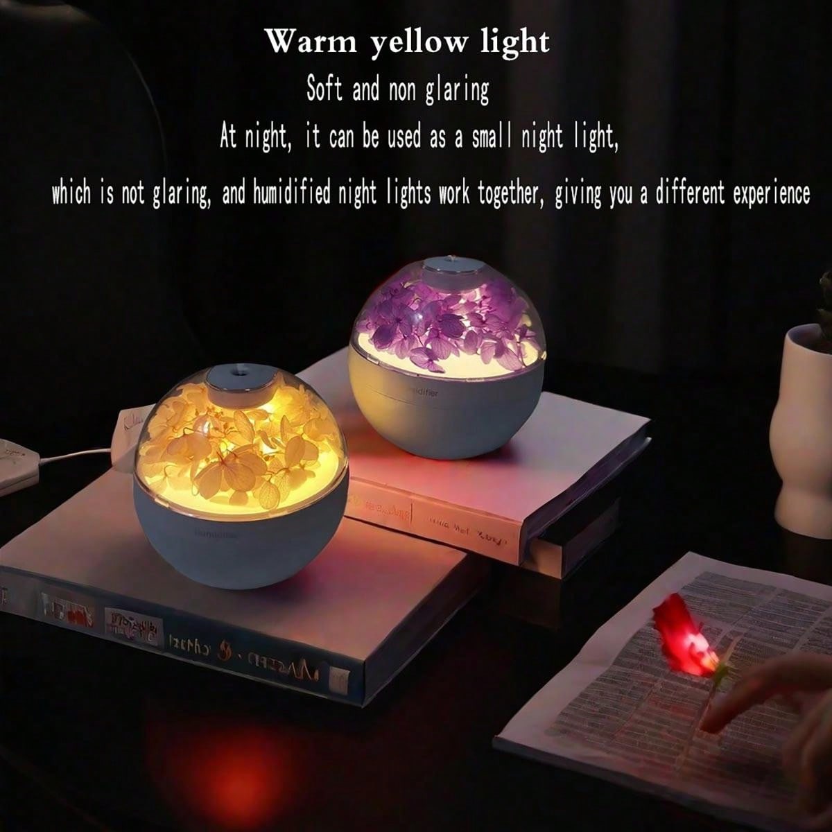 2025 cable de alimentación USB Mini humidificador de aire de flores simuladas difusor de Aroma difusor de aceites esenciales con luces nocturnas cálidas