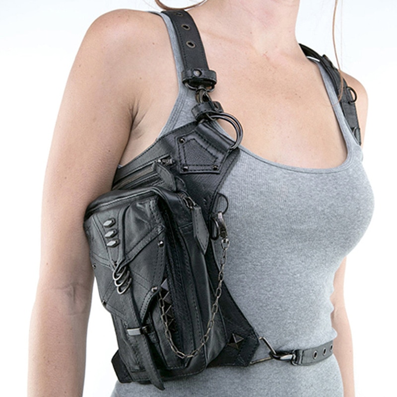 Steampunk, sac ceinture en cuir pour femmes, sacs aux jambes de moto, bandoulière avec support coque de téléphone, sacs noirs, nouveauté