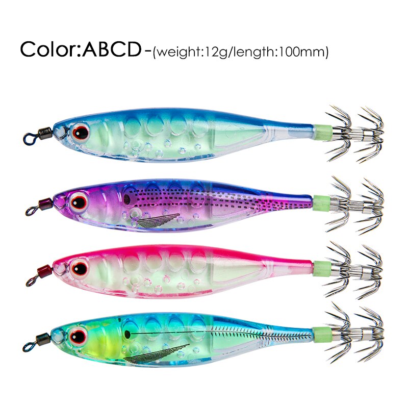 LETOYO 4PCS Floating Squid Jig Artificial Shrimp Fishing Lure Squid Hook Luminous Octopus Cuttlefish Bait Sea Squid Catching Rig: ABCD