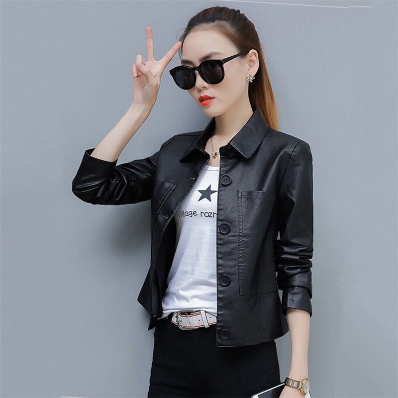 Skinnjacka dam caramel 3xl 4xl kort slim pu coat vår höst koreanska chic moto kläder  ld855: Svart / Xxxl