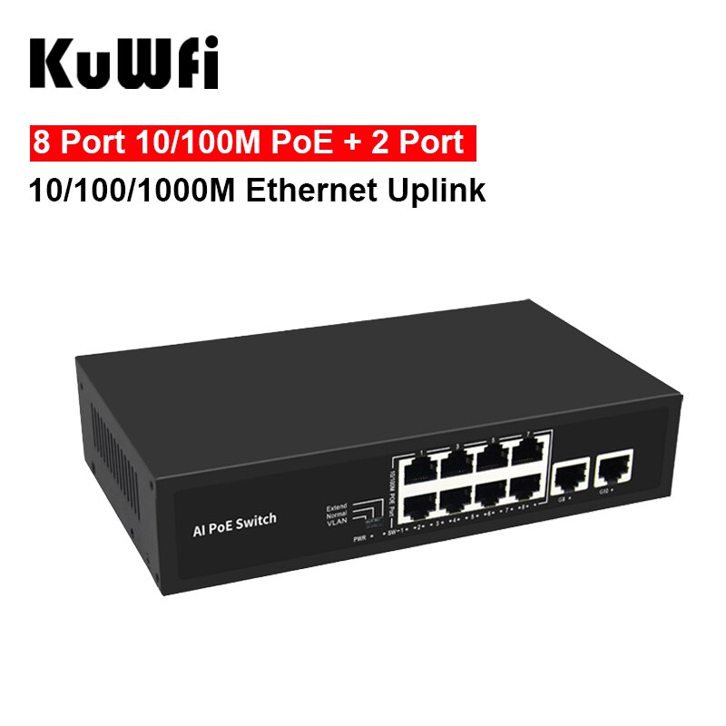 Uplink Ethernet 10/100M POE 2 porte 10/100/1000M a 8 porte con VLAN estendere Switch di rete 250m per telecamera IP CCTV Wireless