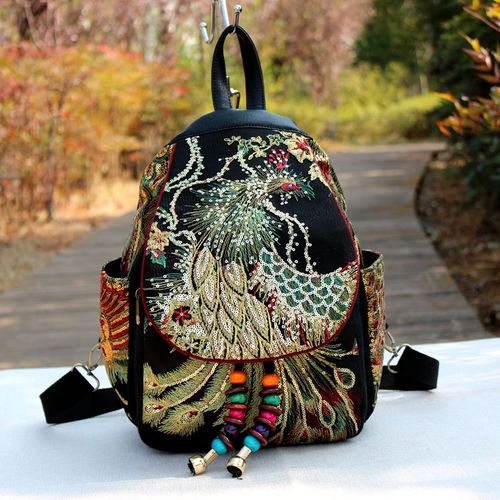 Retro Phoenix Geborduurde Rugzak Pailletten Canvas Tribal Etnische Geborduurde Bloemen Rugzakken Nationale Vrouwen Back Pack Bag: Black