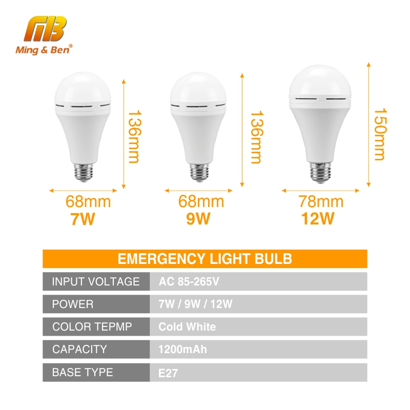 Luz de emergencia LED para exteriores, bombilla LED blanca fría de 110V, 220V, 7W, 9W, 12W, batería recargable, lámpara de iluminación